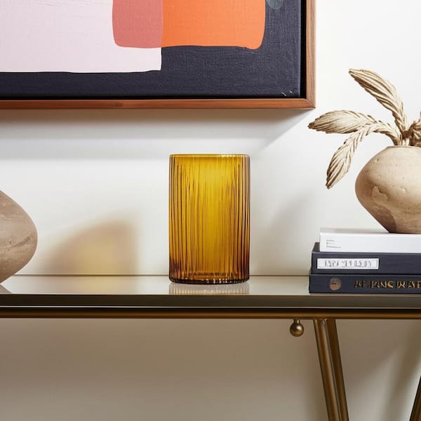HomeRoots 8 in. Amber And Orange Cylinder Ribbed Glass Table Vase
