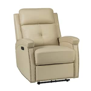 Hermann Beige Genuine Leather Power Recliner with Bronze Nailhead Trim