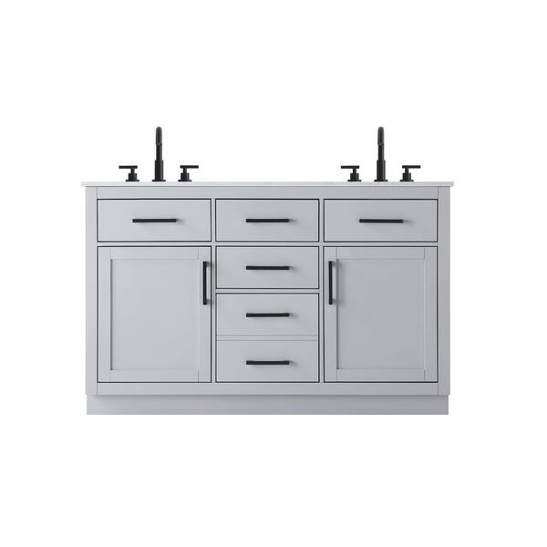 54 in. Double Sink Grey Bath Vanity with White Engineered Marble Top