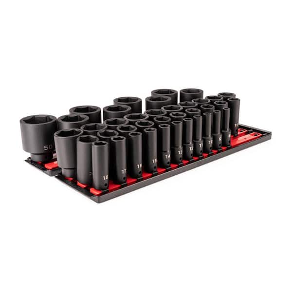 1/2 Inch Drive Deep 6-Point Impact Socket Set with Rails and Tray, 39-Piece (8-50 mm)