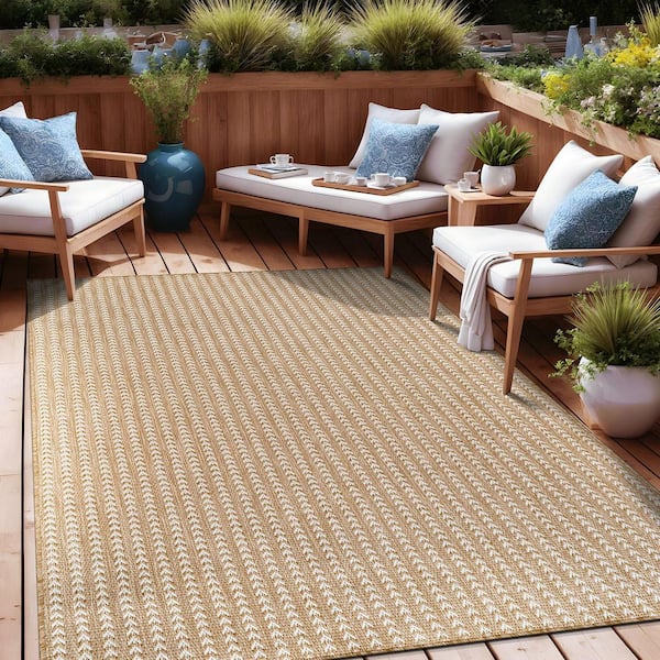 Arrow Natural 10 ft. x 14 ft. Chevron Striped Washable Indoor Outdoor Area Rug