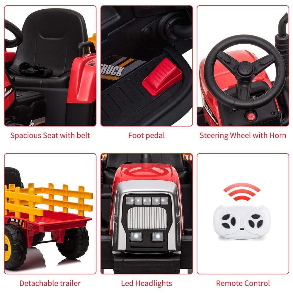 Red 12V Kids Electric Ride-On Tractor with Trailer