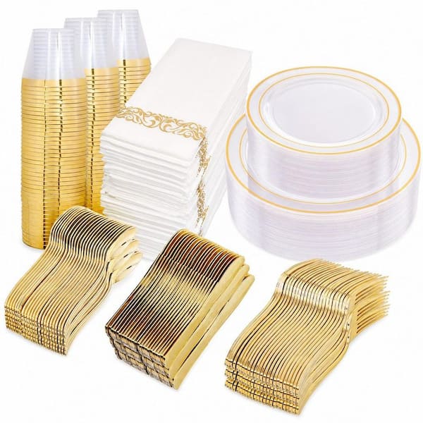 350-Piece Clear Gold Disposable Plastic Dinnerware Set, Service for 50 Guests, Perfect for Party an Wedding
