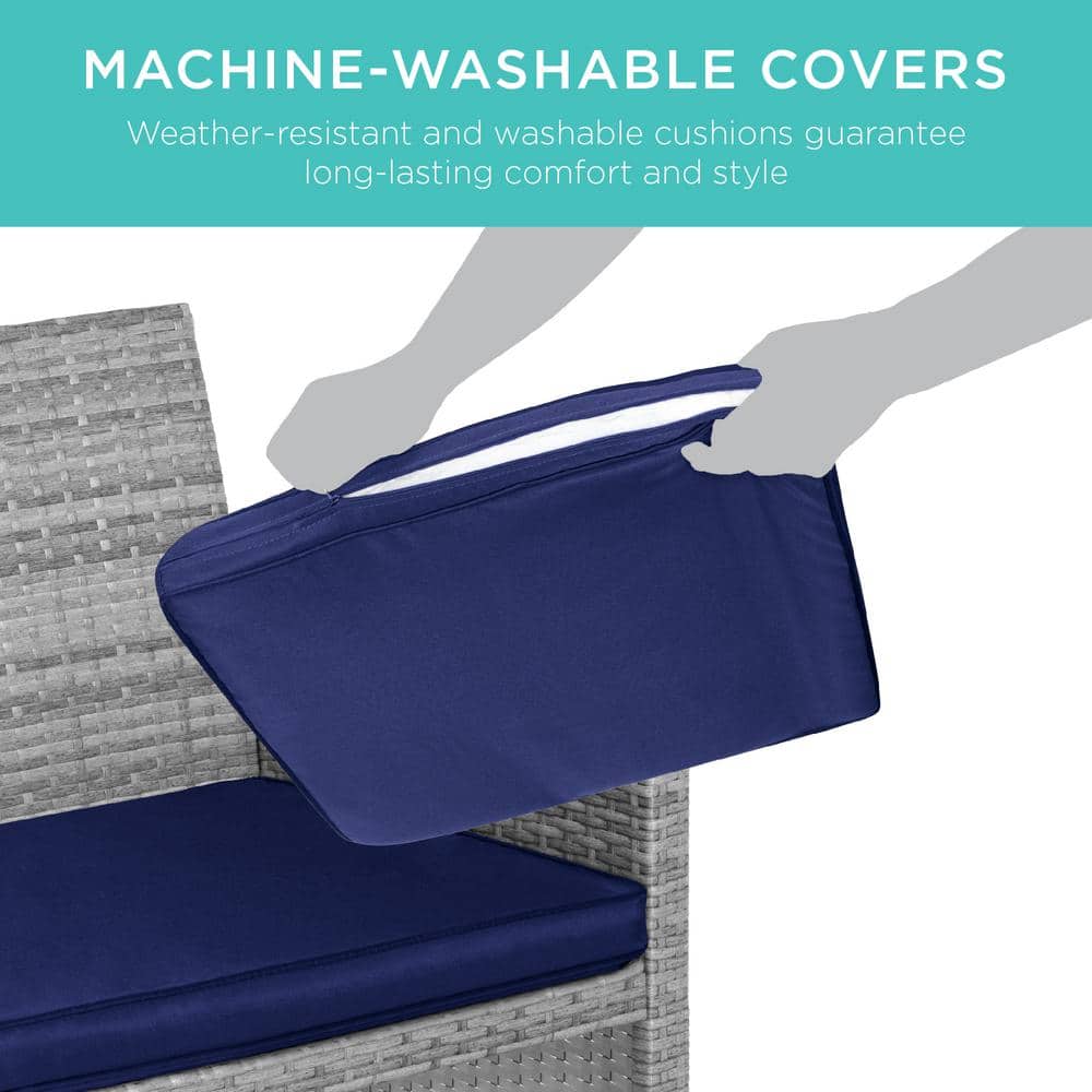 Gray Wicker 4-Piece Outdoor Patio Set with Navy Cushions