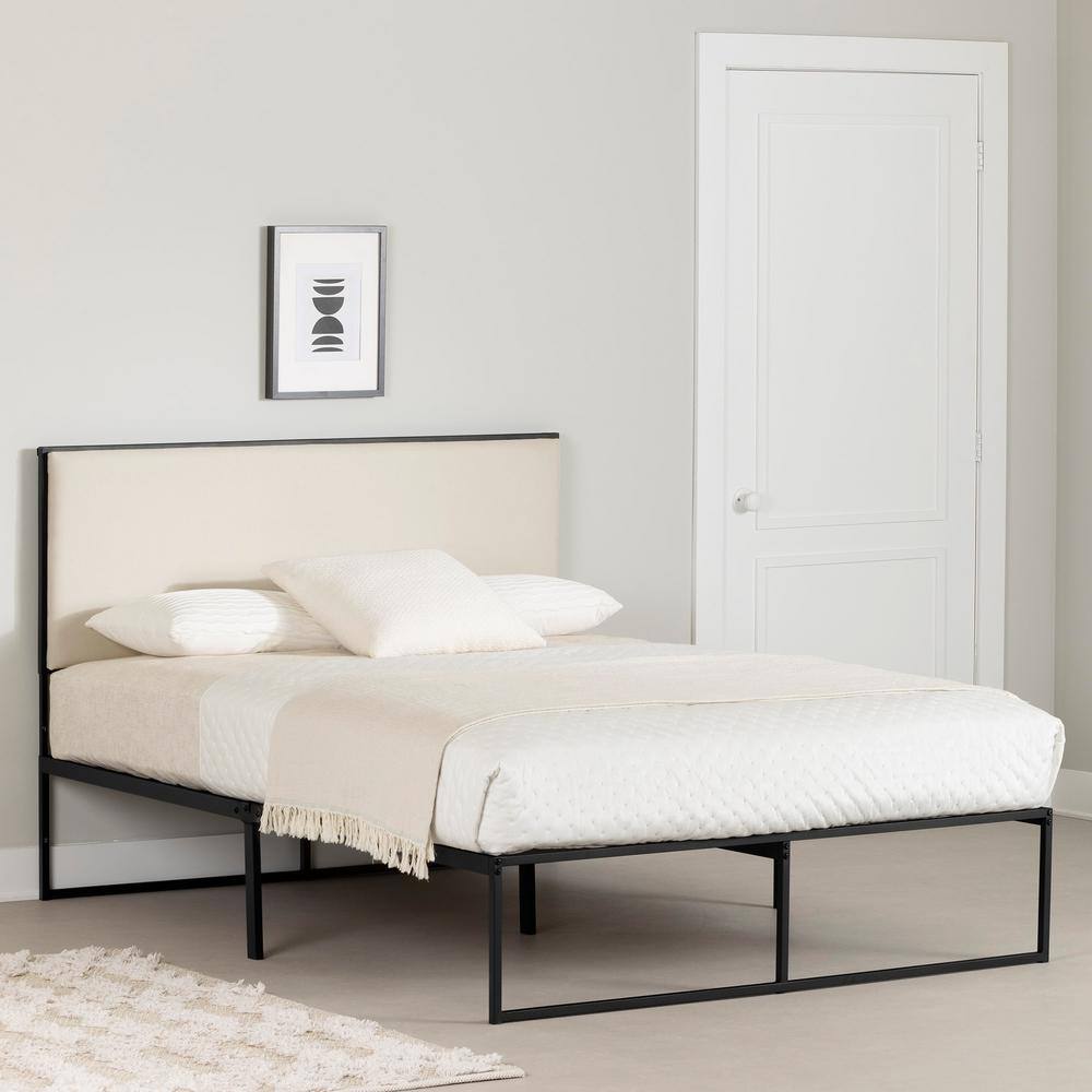 Queen Black Metal Frame Bed with Beige Upholstered Headboard