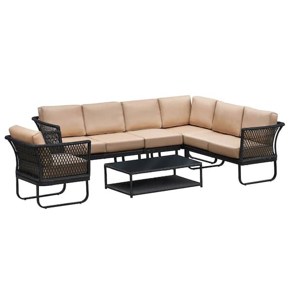 Zeus & Ruta Black 6-Piece 7-Seater Metal Outdoor Sectional Conversation Furniture Set with Coffee Table, Khaki Cushions