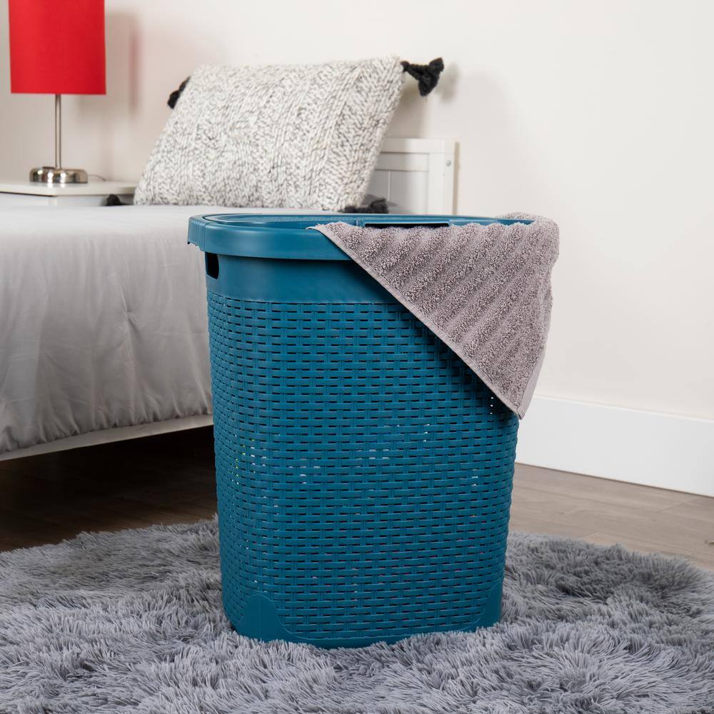 Blue Wicker Design Plastic Upright Hamper with Lid