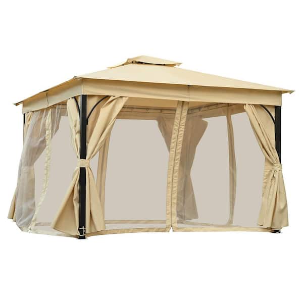 10 ft. x 12 ft. Beige Steel Frame Outdoor Gazebo with Double Roofs, Mosquito Netting and Privacy Screens