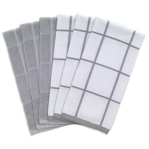 Gray Plaid Solid and Check Parquet Woven Cotton Kitchen Towel Set of 6