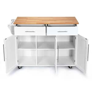 48 in. White Rolling Kitchen Island Cart with Natural Wood Top and Knife Block