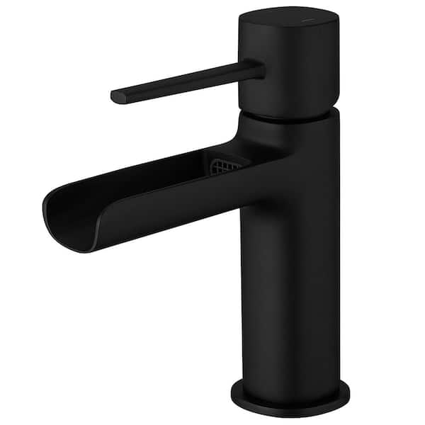 Single Handle Single Hole Bathroom Faucet with Drain Kit Included and Adjustable Flow Rate in Matte Black