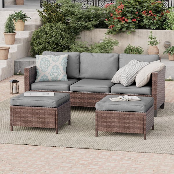 3-Piece Brown Rattan Patio Sofa Set Outdoor Furniture Set 3-Seat Sofa Ottomans With Cushions, Gray