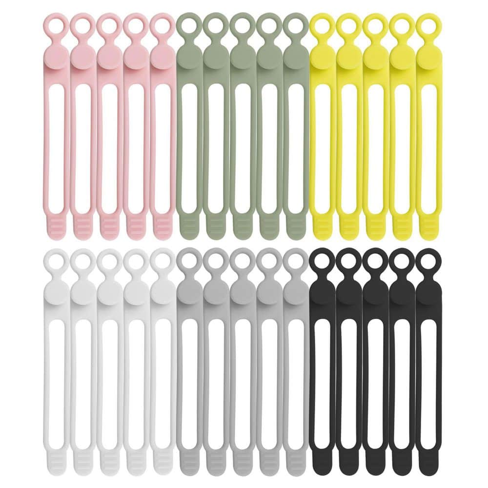 Kanemc 30-Pack Silicone Cable Ties - Reusable, Stretchy Cord Organizers In 6 Colors For Chargers, Wires