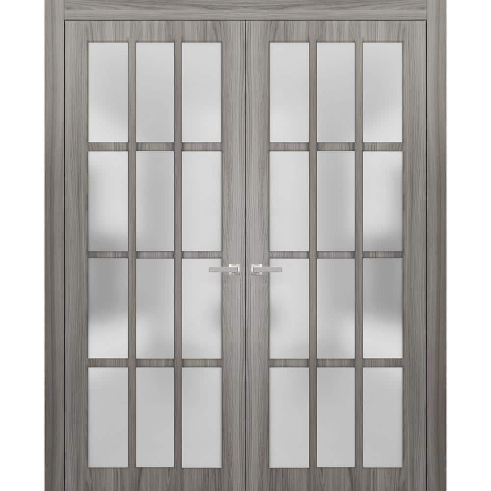 Gray Solid Pine French Double Doors with Frosted Glass