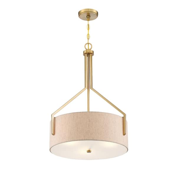 Elara 60-Watt 3-Light Brushed Gold Modern Pendant Light with Beige Linen Shade and No Bulbs Included