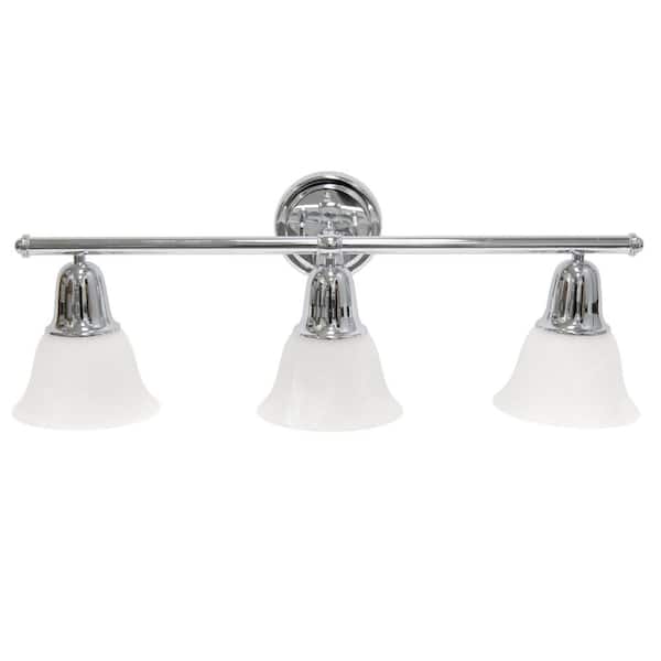 Simple Designs 26.5 in. 3-Light Chrome Straight Metal Bar and Frosted Marble White Glass Shades Decorative Vanity Light