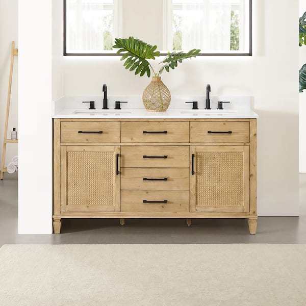 Salome 60 in. Double Freestanding Weathered Fir Bath Vanity with Grain White Engineered Stone Top Assembled