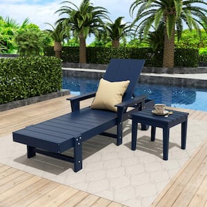 Shoreside 2Piece Modern Poly Plastic Adjustable Reclining Outdoor Patio Chaise Lounge Armchair and Table Set, Navy Blue