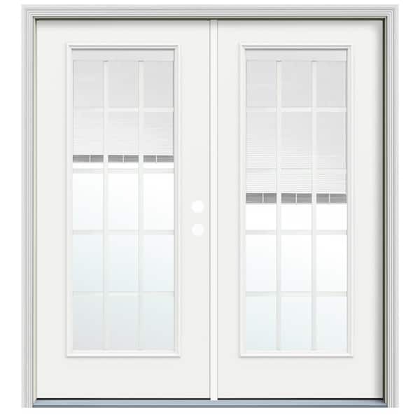 72 in. x 80 in. White Left-Hand/Inswing Fiberglass French Patio Door w/15 Lite Low-E Glass, Blinds and Rot Resist Jamb