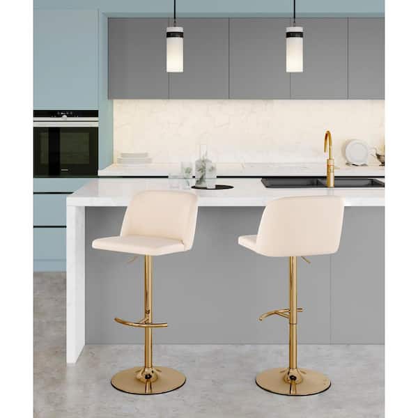 Lumisource Toriano 33 in. Cream Faux Leather and Gold Metal Adjustable Bar Stool with Rounded T Footrest (Set of 2)