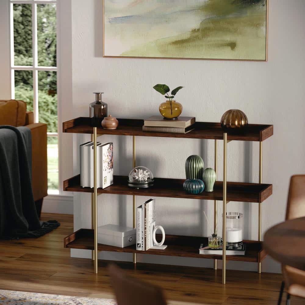 Walnut Wood Grain 3-Shelf Bookcase with Polished Brass Frame
