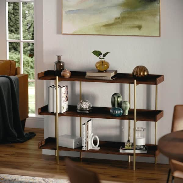 MARTHA STEWART 37 in. Tall Walnut Wood Grain/Polished Brass Metal 3-Shelf  Standard Bookcase JN-2542B3-BR-GLD-MS - The Home Depot