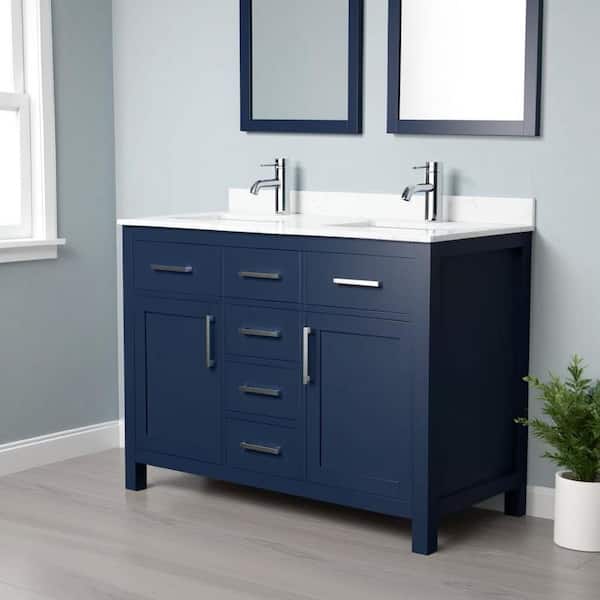 Beckett 48 in. W x 22 in. D x 35 in. H Double Sink Bathroom Vanity in Dark Blue with Carrara Cultured Marble Top