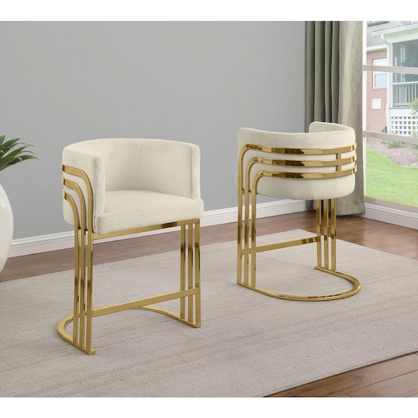Alana 29 in. Cream Low Back Gold Metal Frame Bar Stool With Teddy Fabric Set of 2