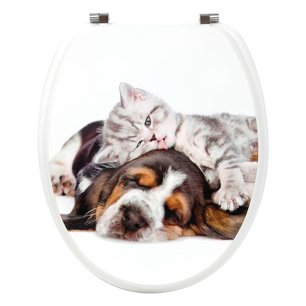 EVIDECO French home goods Puppy And Kitten Print 18-Inch Elongated Closed Front Toilet Seat White