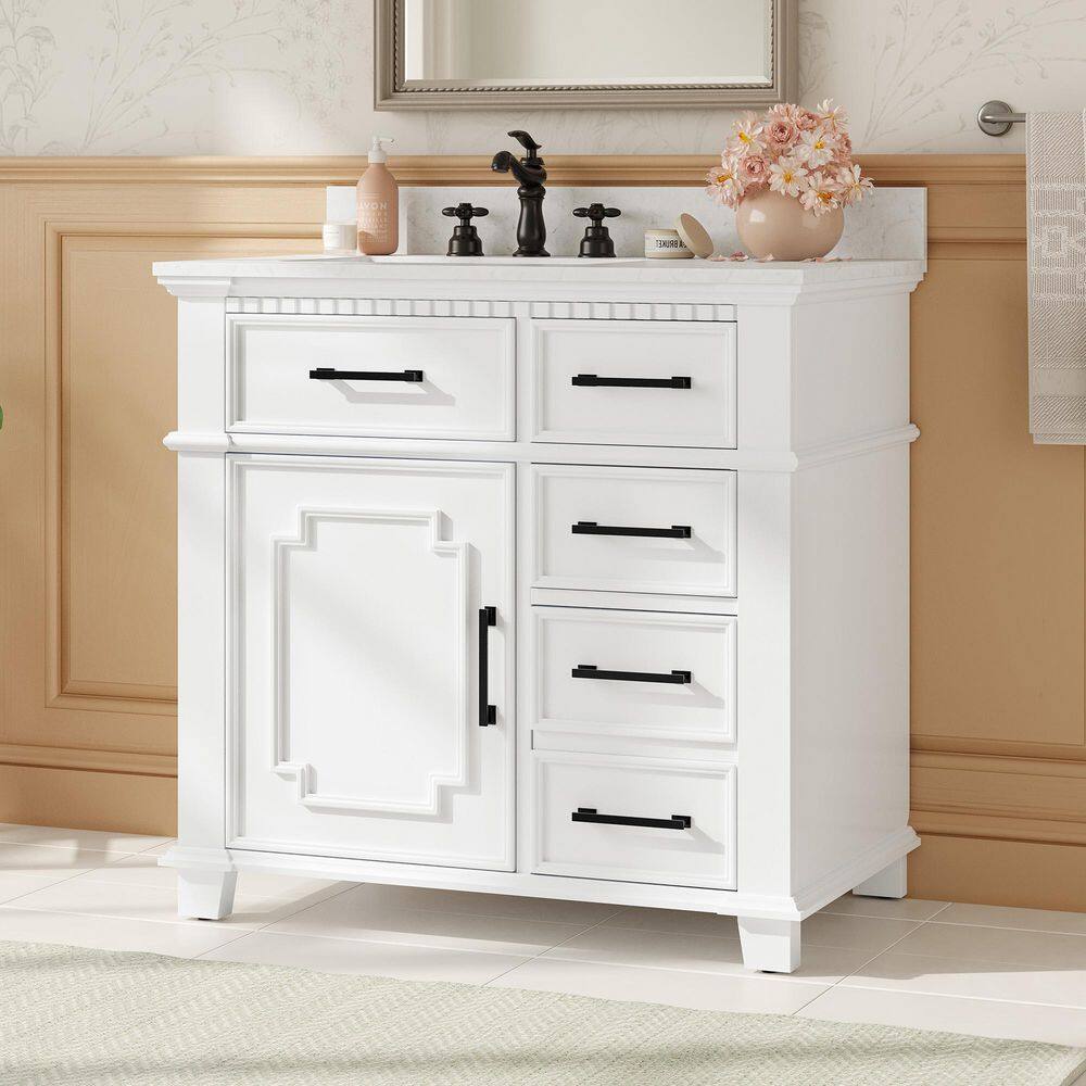 Teton 36 in. W x 22 in. D x 39 in. H Single Sink Freestanding Dove Bath Vanity in White with White Carrara Marble Top price history on PriceWatchPro