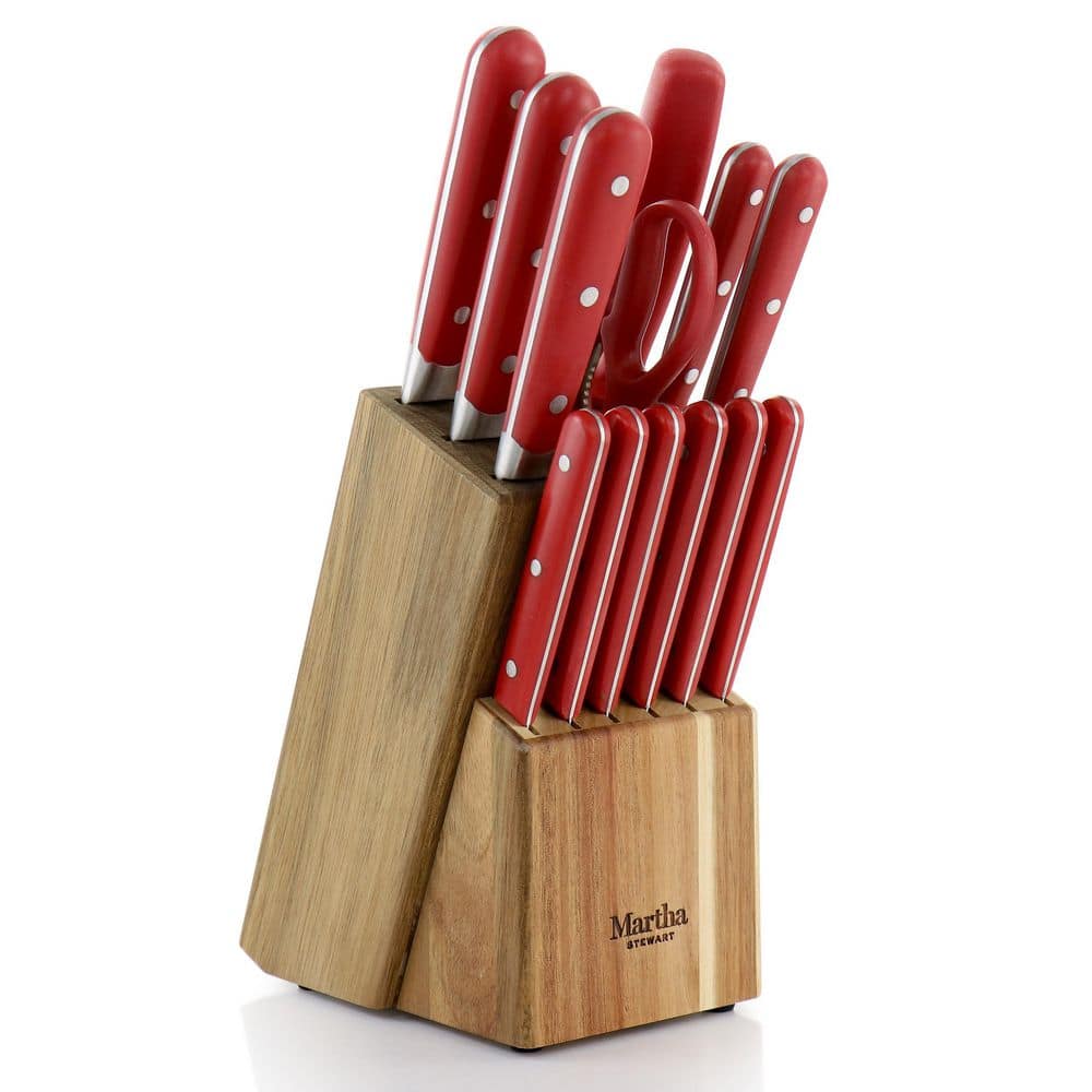 14-Piece Stainless Steel Cutlery Set with Acacia Wood Block, Red