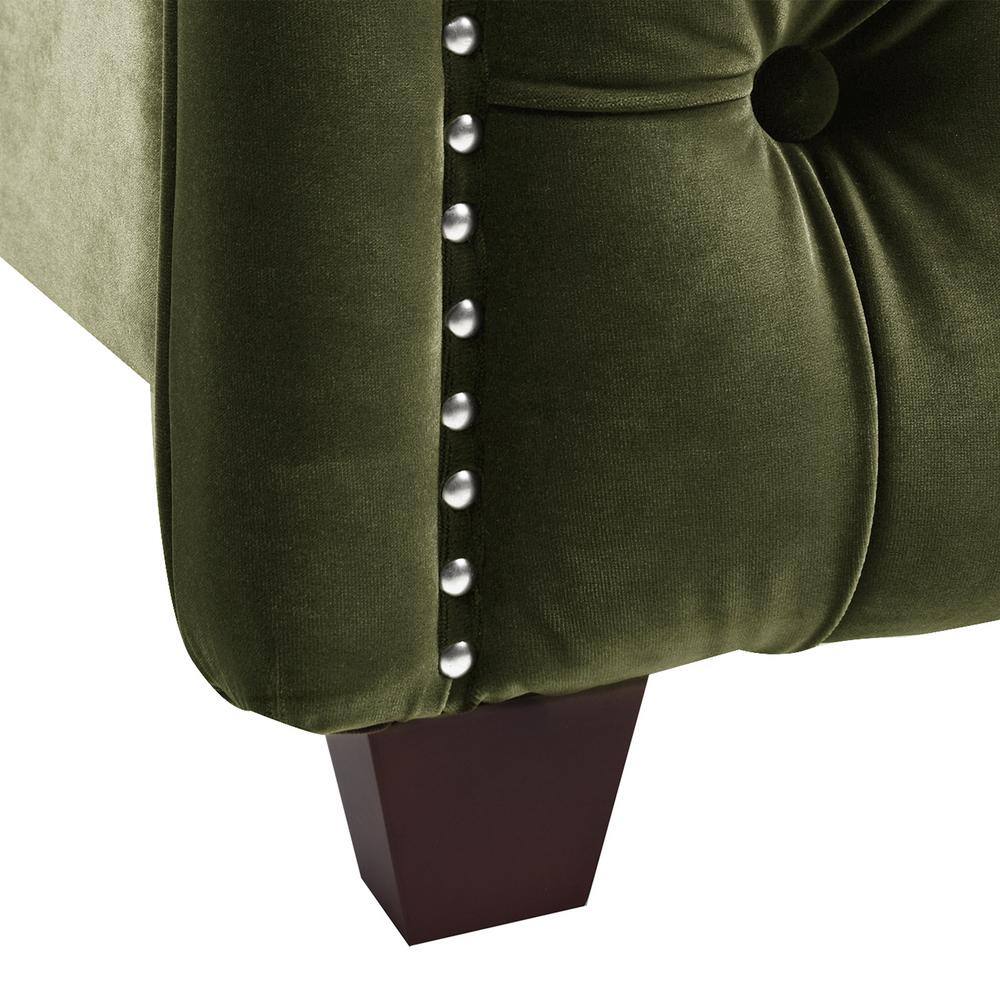 Elegant Olive Green Velvet Queen Bed with Nailhead Trim