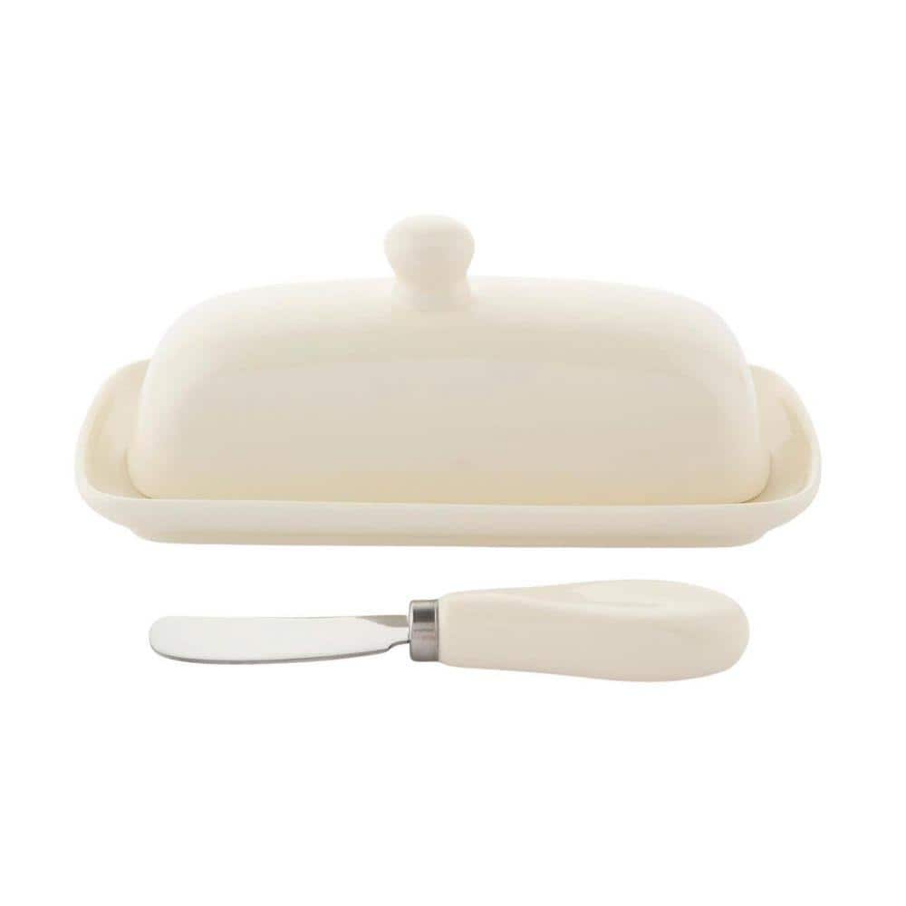 Lynzavix 1.5 oz. Ivory Porcelain Butter Dish with Knob Handle