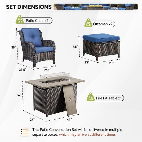 5-Piece Brown Wicker Fire Pit Conversation Set with Olefin Blue Cushions and Curved Arm Lounge Chairs and Ottoman