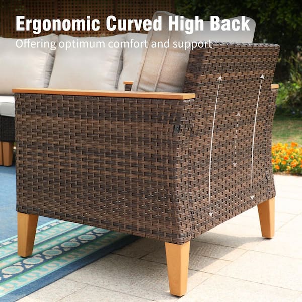 Brown Rattan Wicker 8 Seat 8-Piece Steel Patio Outdoor Sectional Set with Beige Cushions