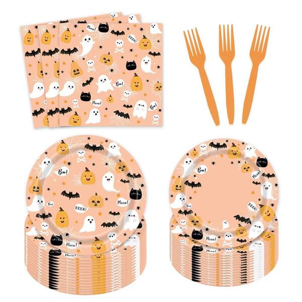 96 Piece Halloween Plates and Napkins Disposable Set, Ghost Spooktacular Halloween Birthday Party Tableware Serve