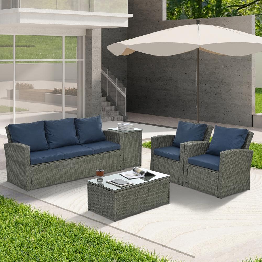 Modern 6-Piece PE Rattan Wicker Patio Conversation Set Seasonal with Navy B