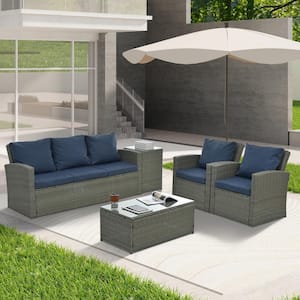 Modern 6-Piece PE Rattan Wicker Patio Conversation Set Seasonal with Navy Blue Cushions and Table