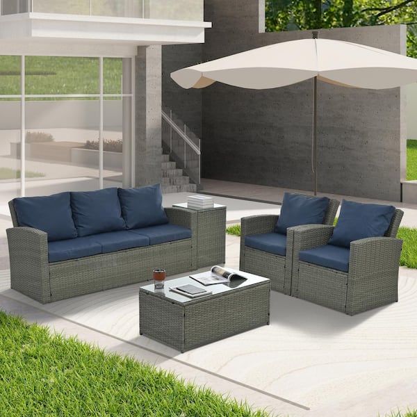 Unbranded Modern 6-Piece PE Rattan Wicker Patio Conversation Set Seasonal with Navy Blue Cushions and Table