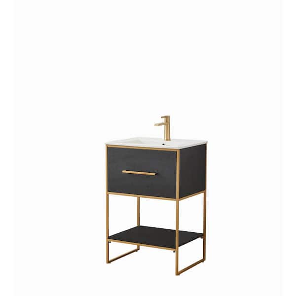 Comllen 24 in. W x 18 in. D x 35 in. H Black Bathroom Vanity Single with White Ceramic Sink Top