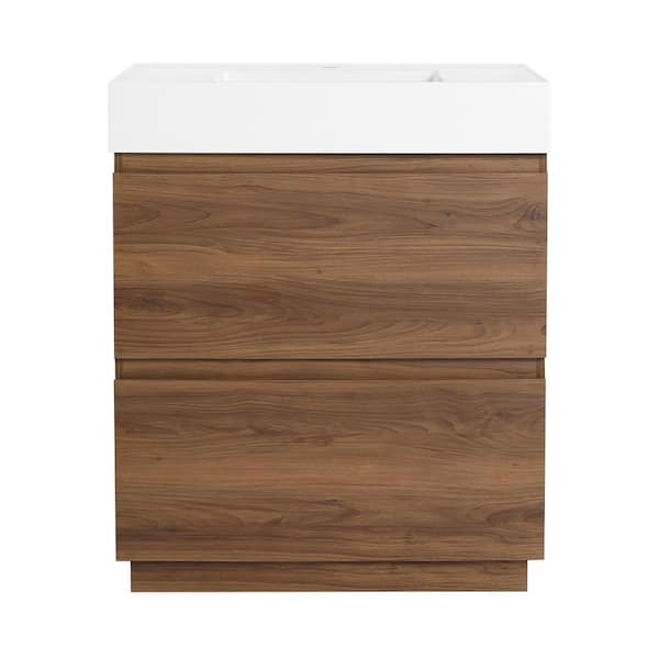 FUNKOL 18 in. W x 29 in. D x 35 in. H 1-Sink Freestanding Bath Vanity in Brown with White Resin Top and 2-Drawers
