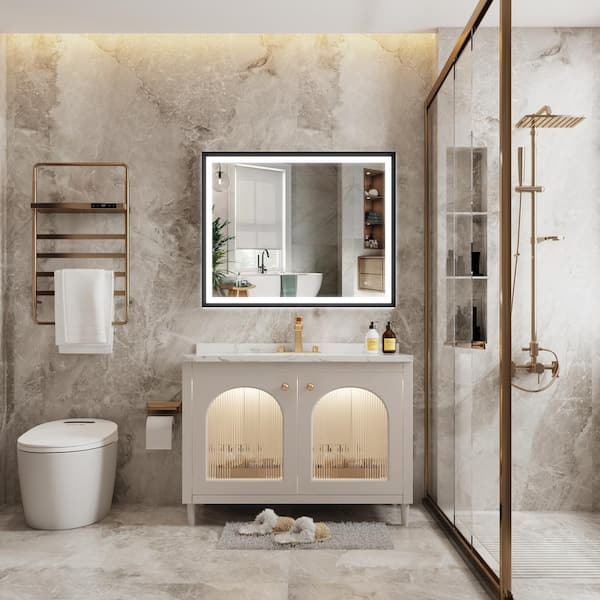 LUKY 40 in. W x 32 in. H Rectangular Single Aluminum Framed Antifog Dimmable Wall Bathroom Vanity Mirror in Brushed Gold