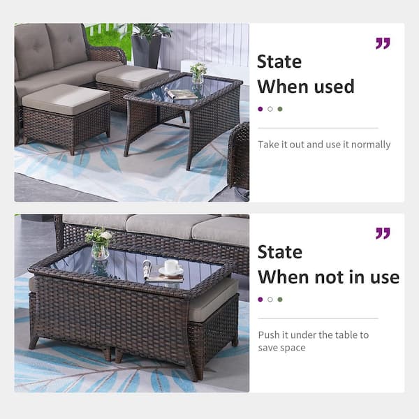 Brown 7-Piece Wicker Patio Conversation Set with Swivel Rockers, Outdoor Sofa Seating Set with Olefin Gray Cushions