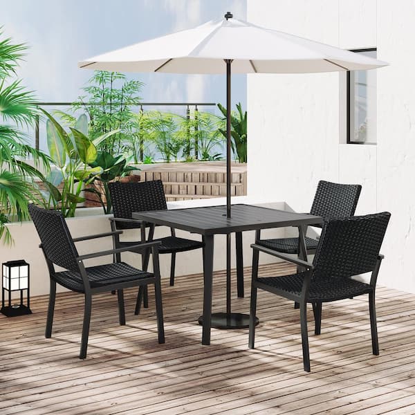 Dextrus Outdoor Dining Table, Outdoor 70in Rectangular Patio Table with  Umbrella Hole & Faux Wood Tabletop, Outdside Table for Patio Balcony Proch  Poolside - Black & Nature Wood 