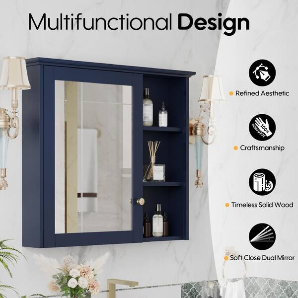 Forclover Assembled Solid Wood 34-in x 30-in Surface Mount Navy Blue Mirrored Soft Close Medicine Cabinet