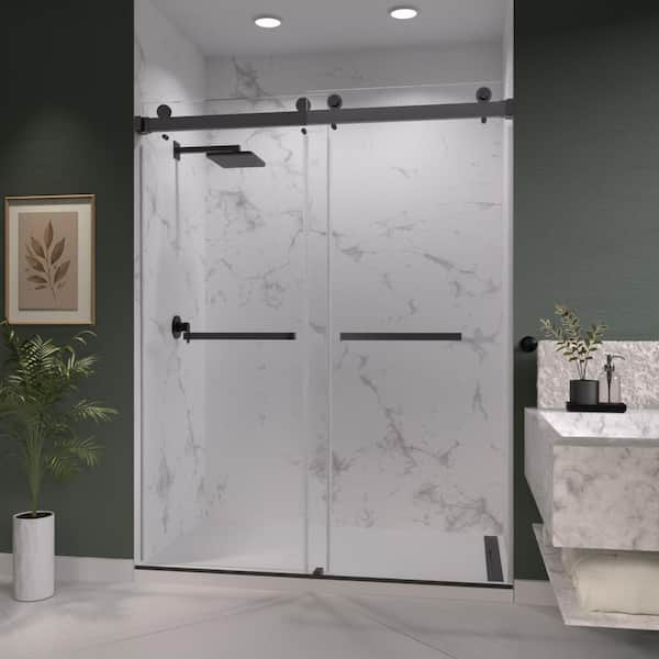 Catalyst 60 in. W x 84 in. H Double Sliding Frameless Shower Door in Matte Black with 3/8 in. Clear Glass