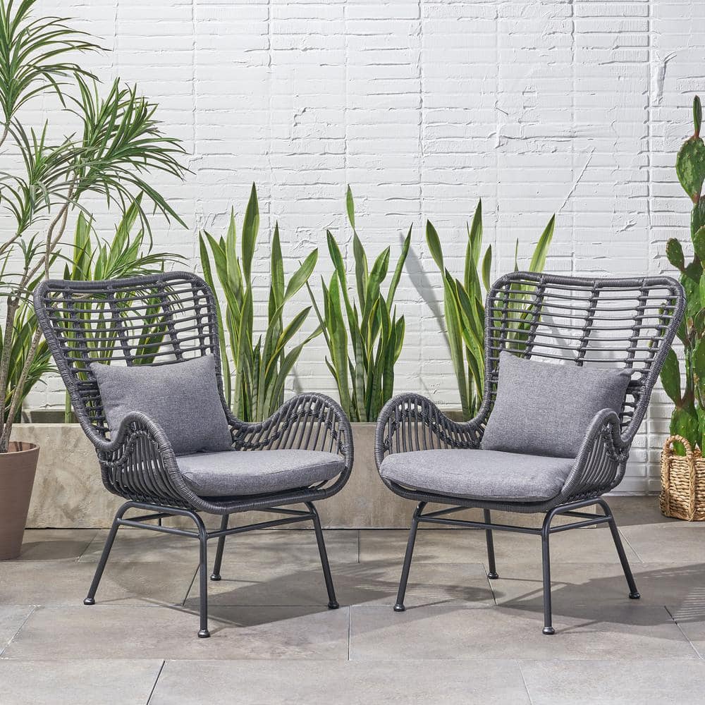 Grey Iron Plastic Outdoor Lounge Chairs with Grey Cushion, Set of 2