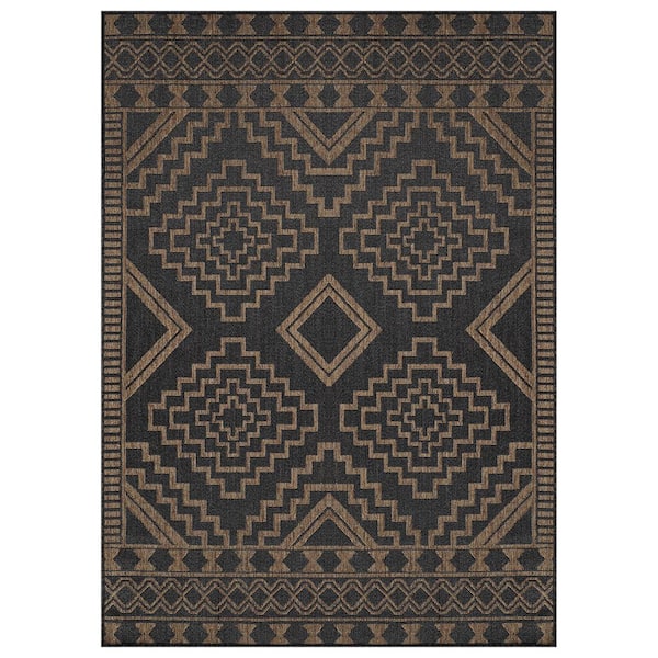 Geometric Border Dark Gray/Natural Easy-Care Jute-Style Indoor/Outdoor Flat Woven 9 ft. x 12 ft. Dark Gray Area Rug
