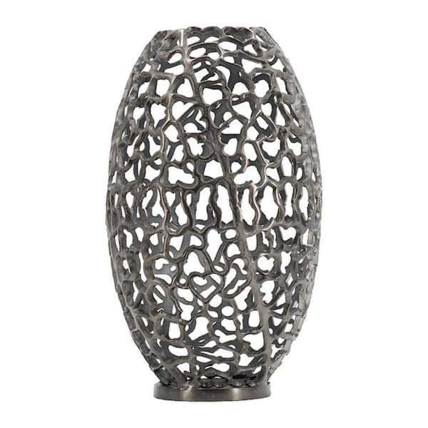 Benjara Black Round Metal Decorative Barrel Vase with Cutout Motif