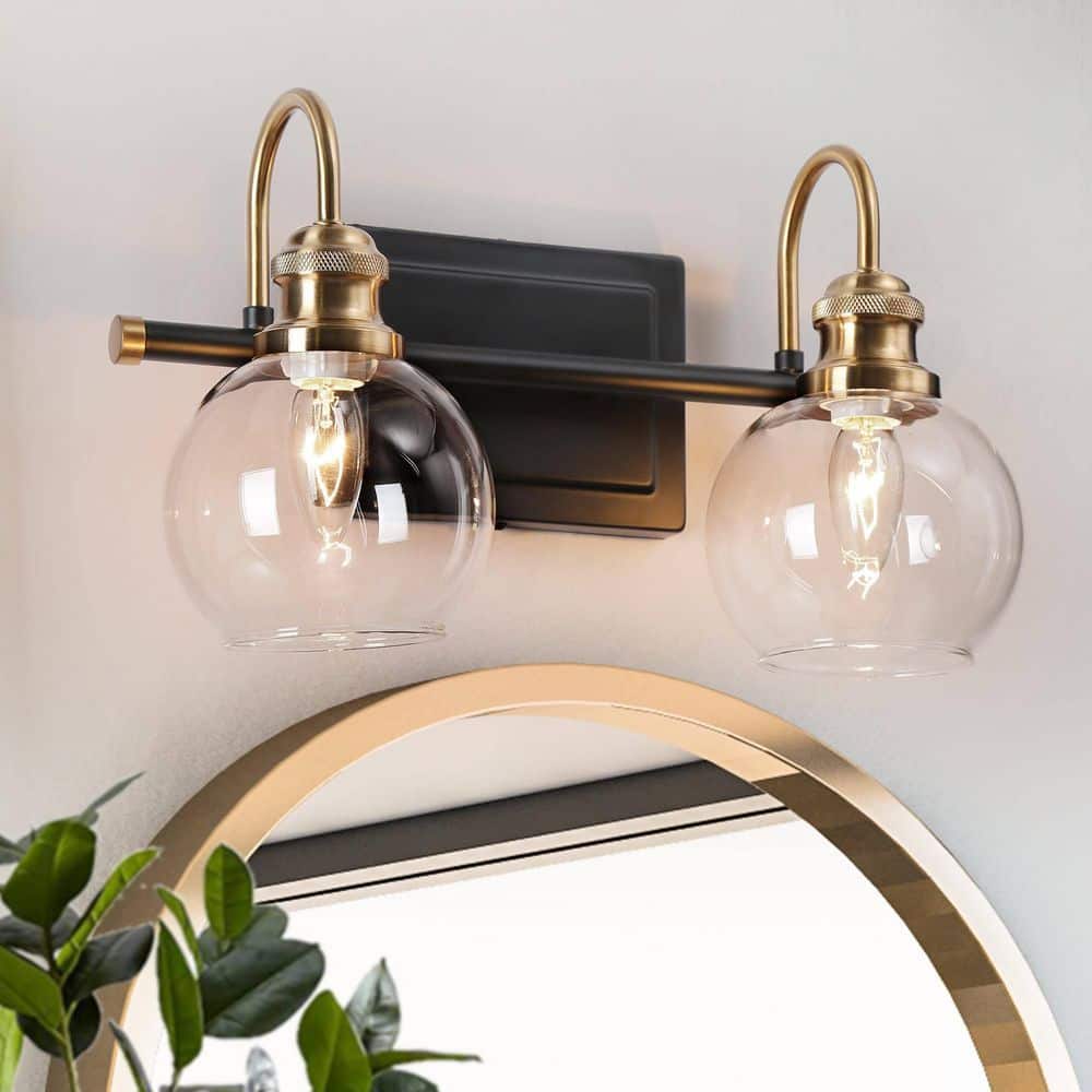 14.5 in. 2-Light Brass Gold Bathroom Vanity Light, Globe Clear Glass Bath Lighting, Black Modern Wall Sconce price history on PriceWatchPro